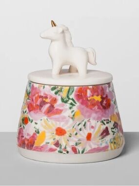 Opal House Floral Ceramic Jar with Unicorn Lid - Pink, White, Yellow